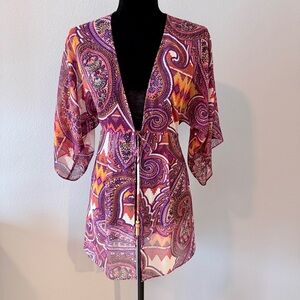 CAbi Purple & Pink Paisley Sheer Tie-Front Top